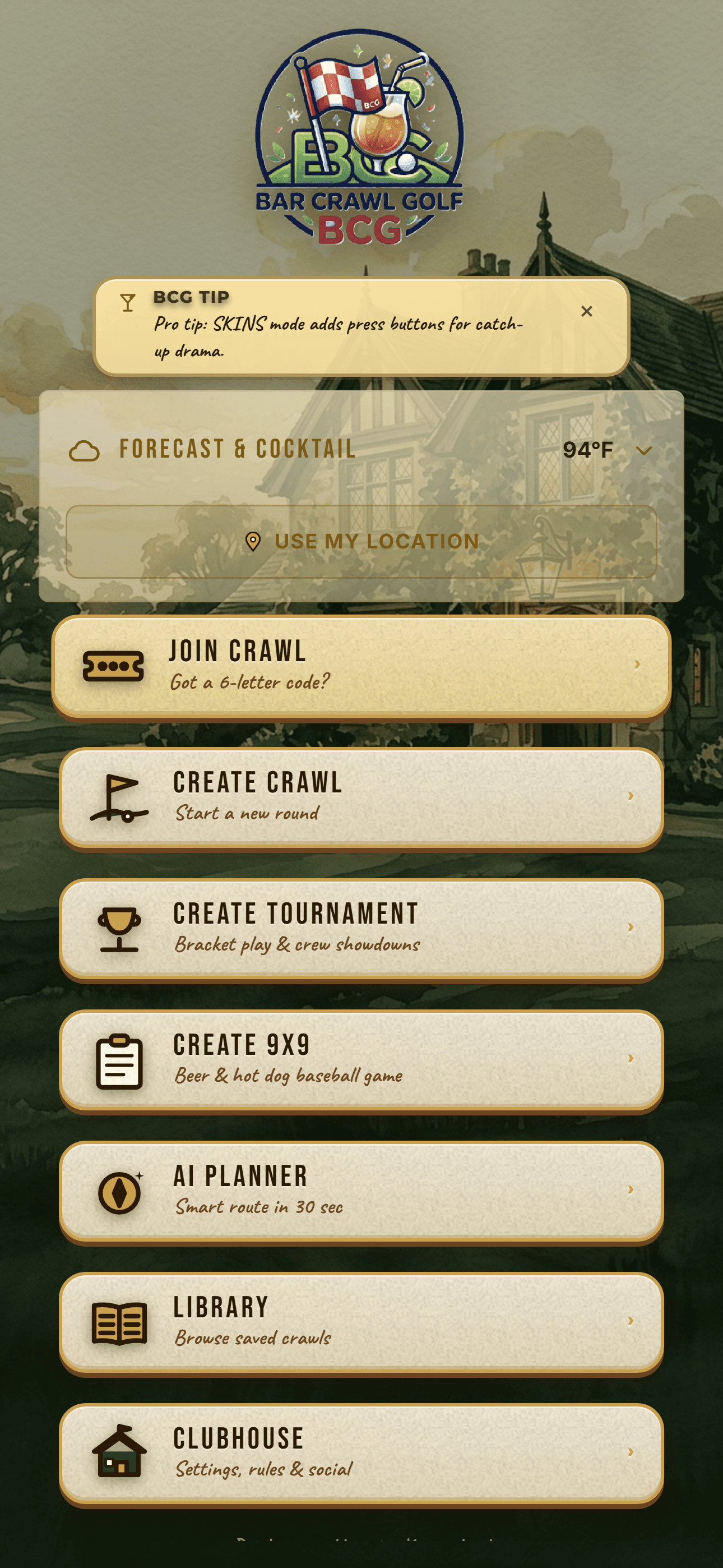 Bar Crawl Golf home screen with the three-hole demo entry point