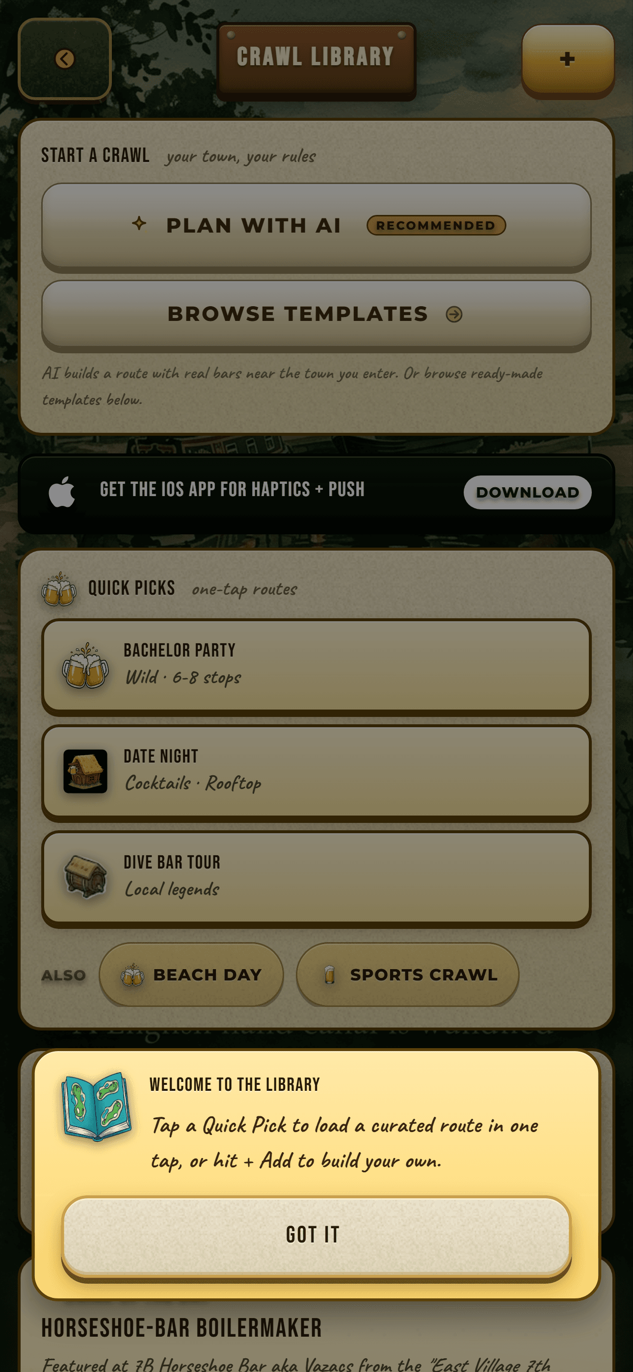 Bar Crawl Golf crawl library screen with shared routes