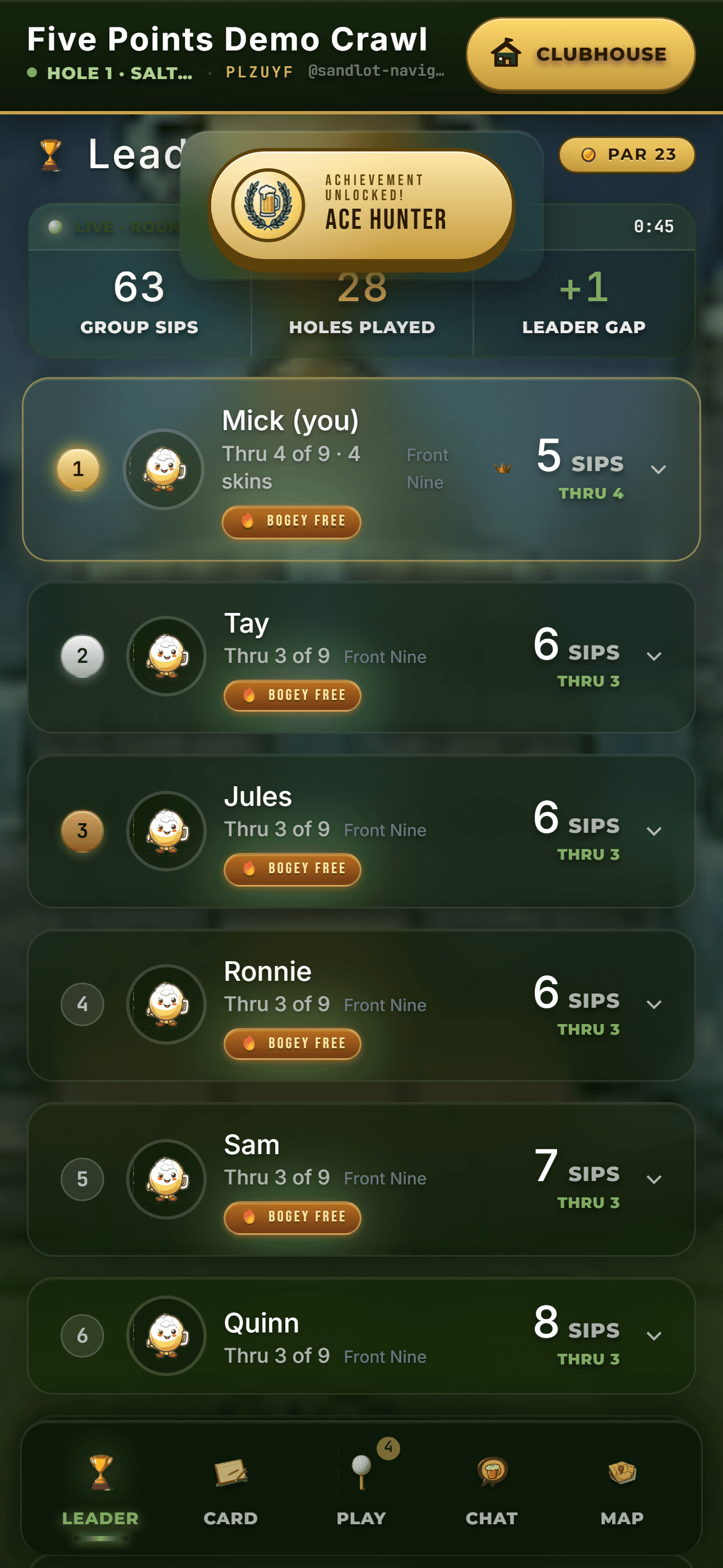 Bar Crawl Golf live leaderboard: every player's sips, holes played and standing, tracked like a round of golf